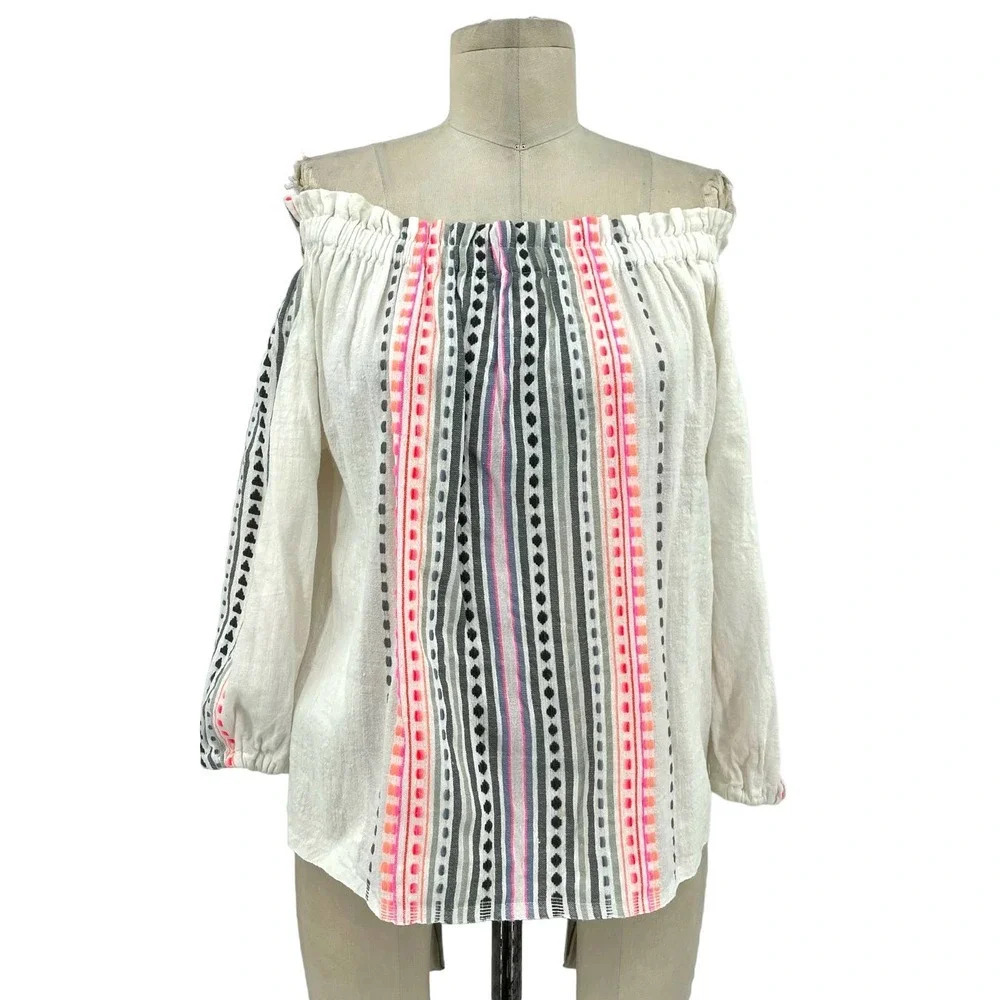 Lemlem Striped Off Shoulder Blouse In White Pink Black Embroidery Size Xs